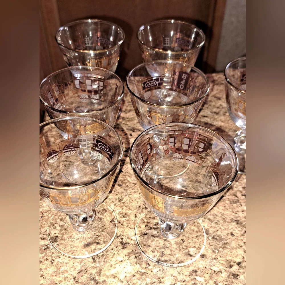 B&O Railroad Steam Engine Train Coal Box Coach Car Gold MCM 6 Wine Glasses